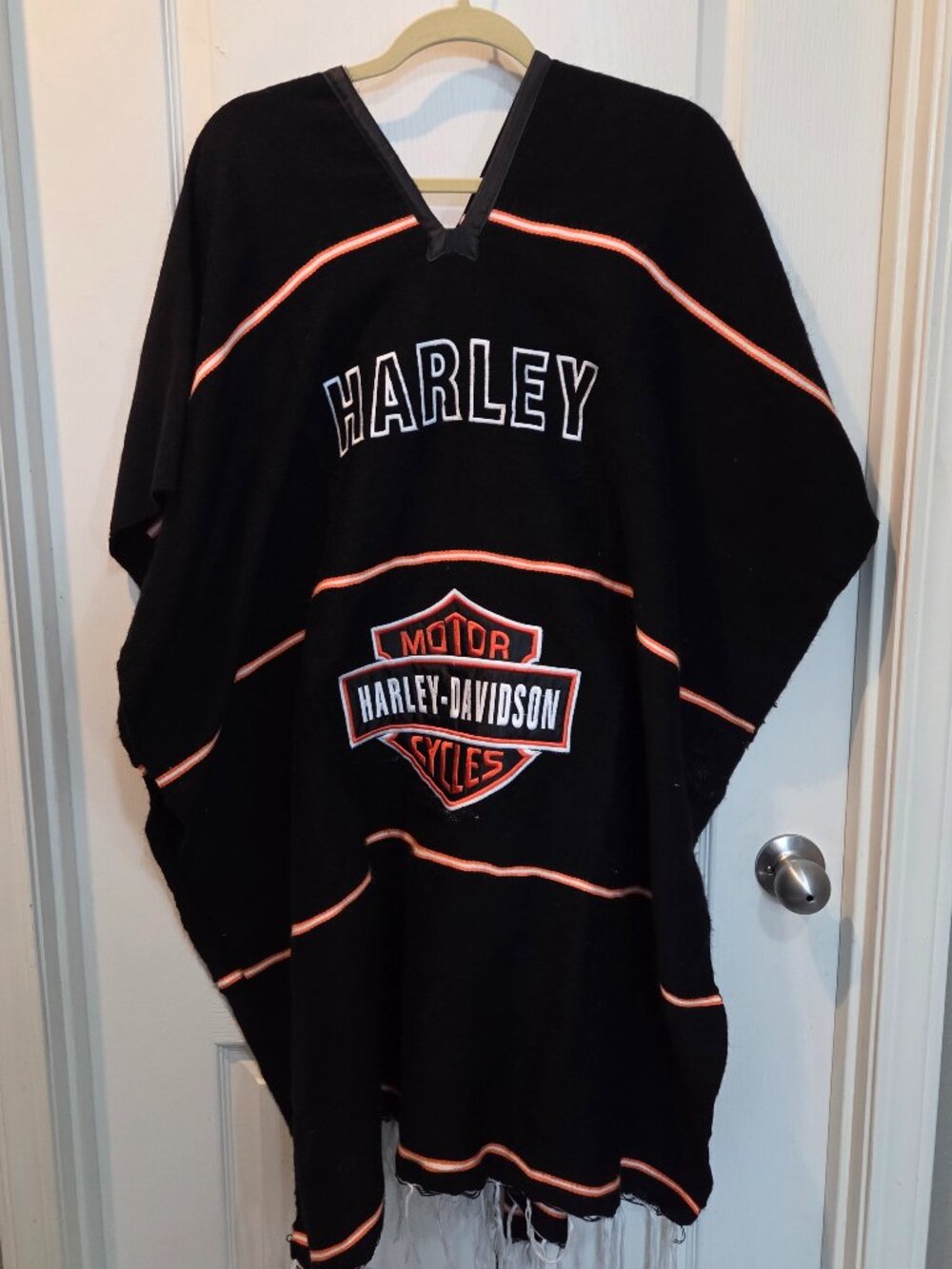 Harley Davidson Style Mexican Blanket Poncho Coverup Black Orange Fringe
